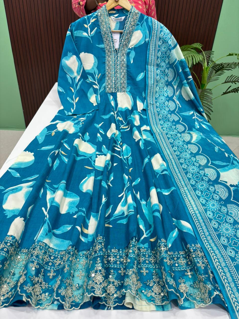 Trendy V neck Collar Anarkali with Dupatta Set