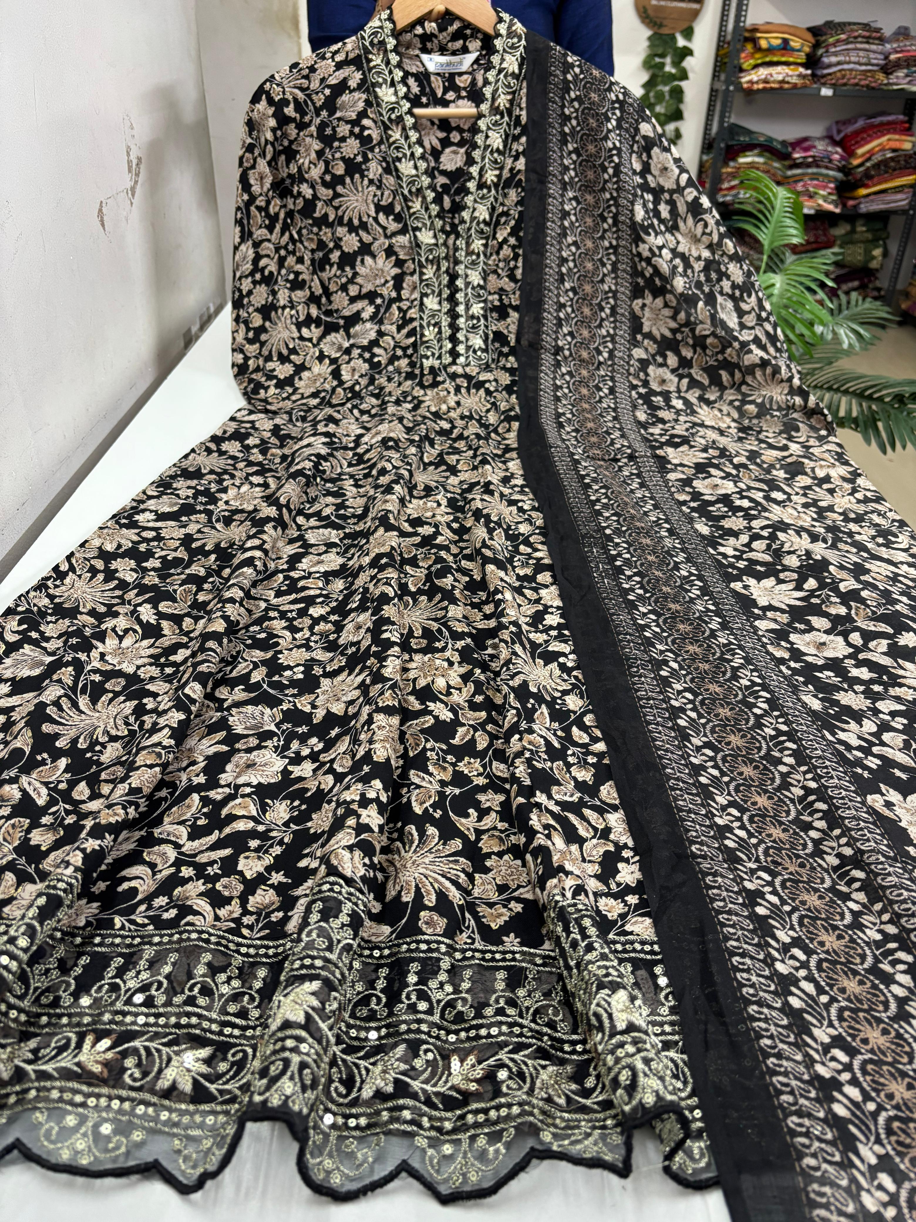 Trendy V neck Collar Anarkali with Dupatta Set