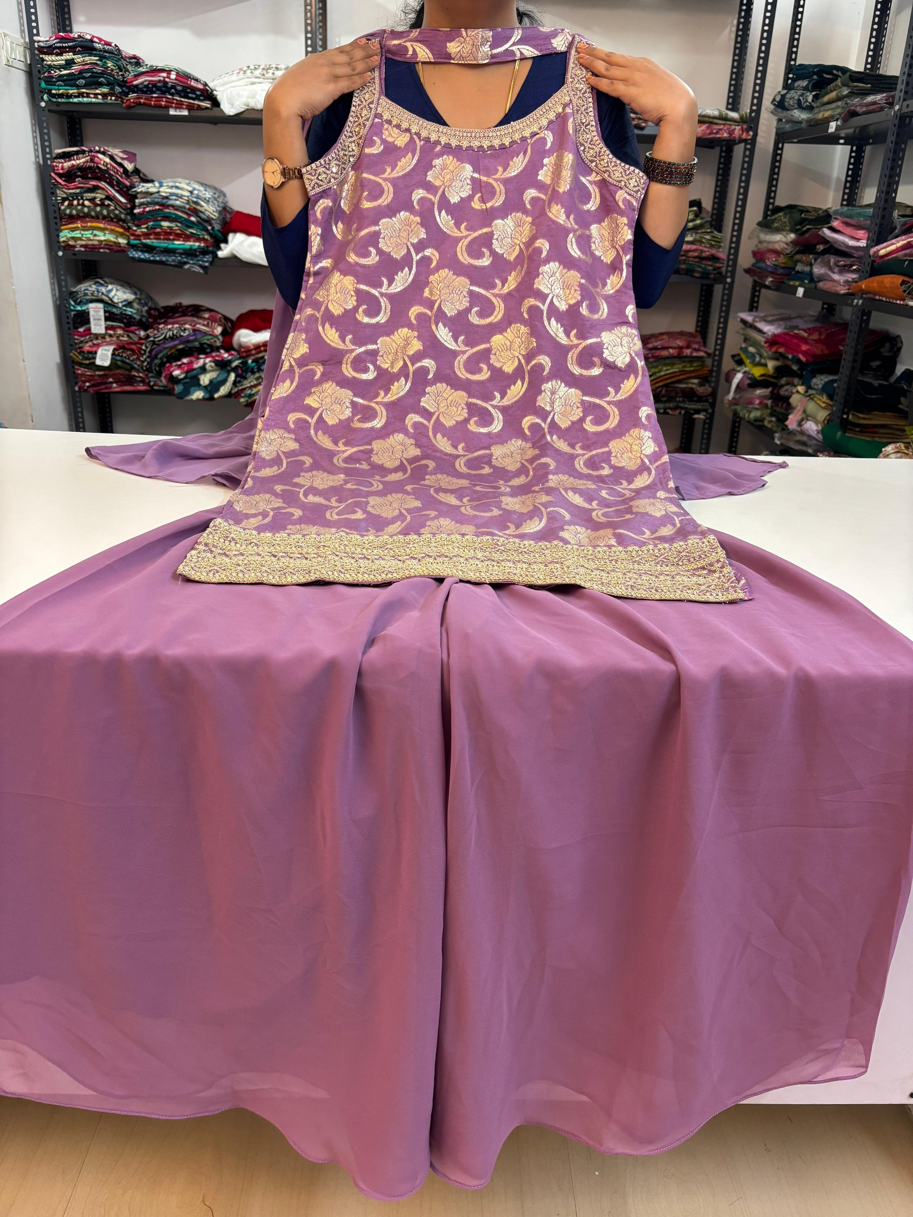 Brocade Banarasi Floral Spaghetti Style Sharara Suit