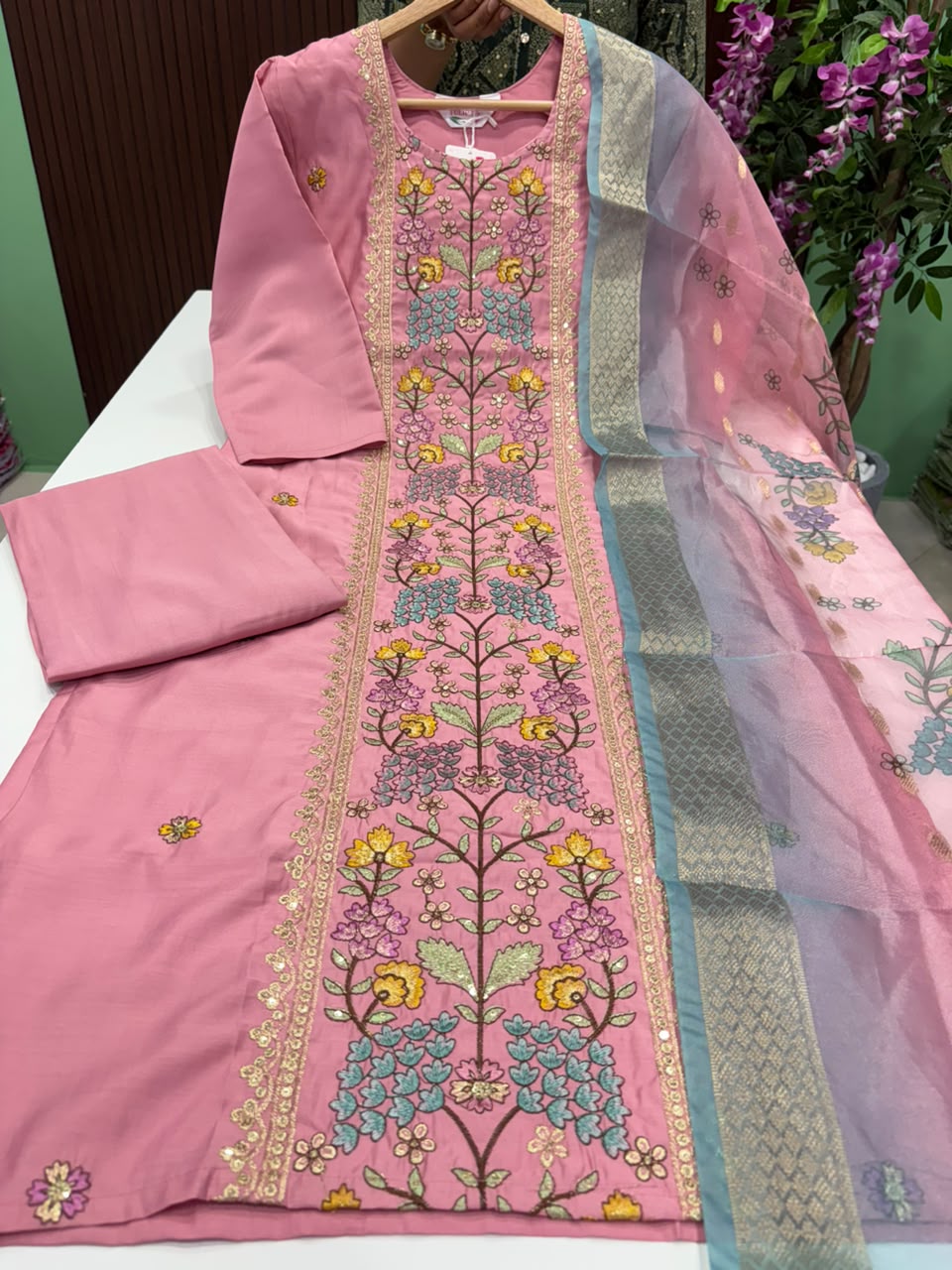 SS8139 Roman Silk Kurti With Pant & Dupatta Set