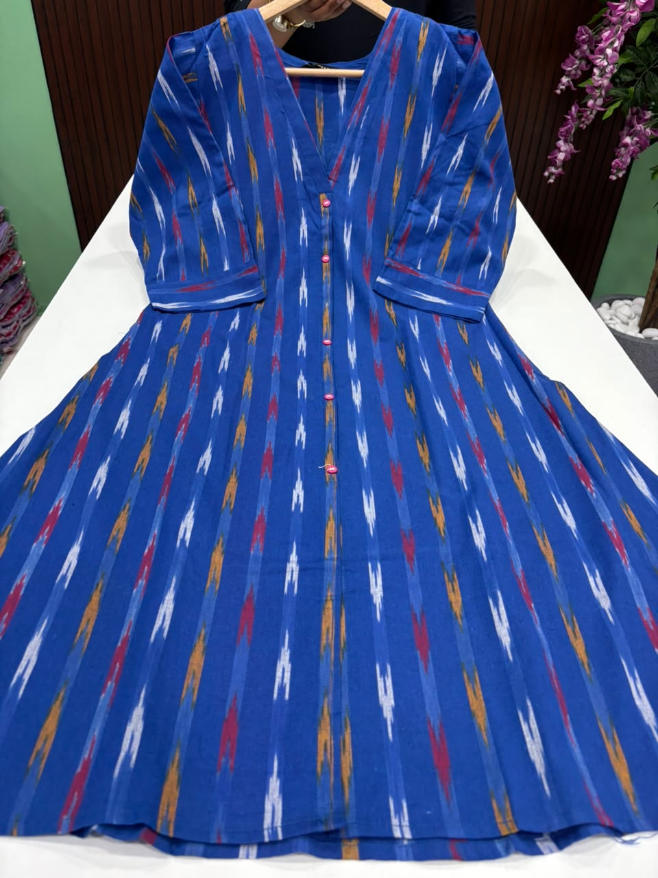 SS8182 Ikkat Printed Cotton A Line Kurti