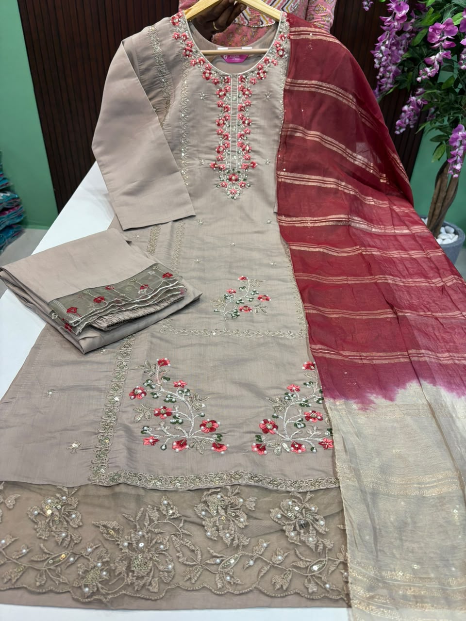 SS8266 Roman Silk Kurti With Pant & Dupatta Set
