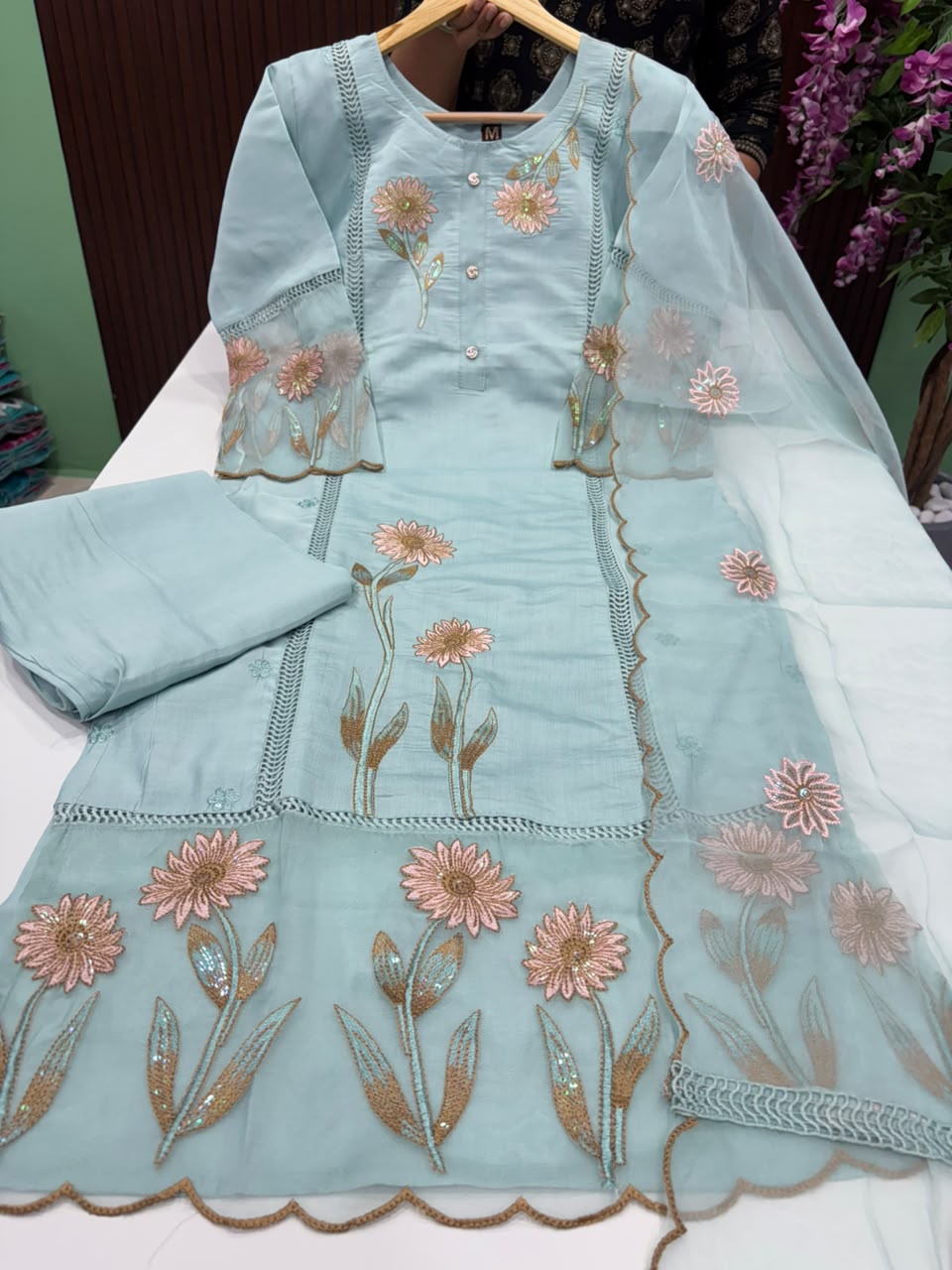 SS8263 Premium Roman Silk Kurti With Pant & Dupatta Set