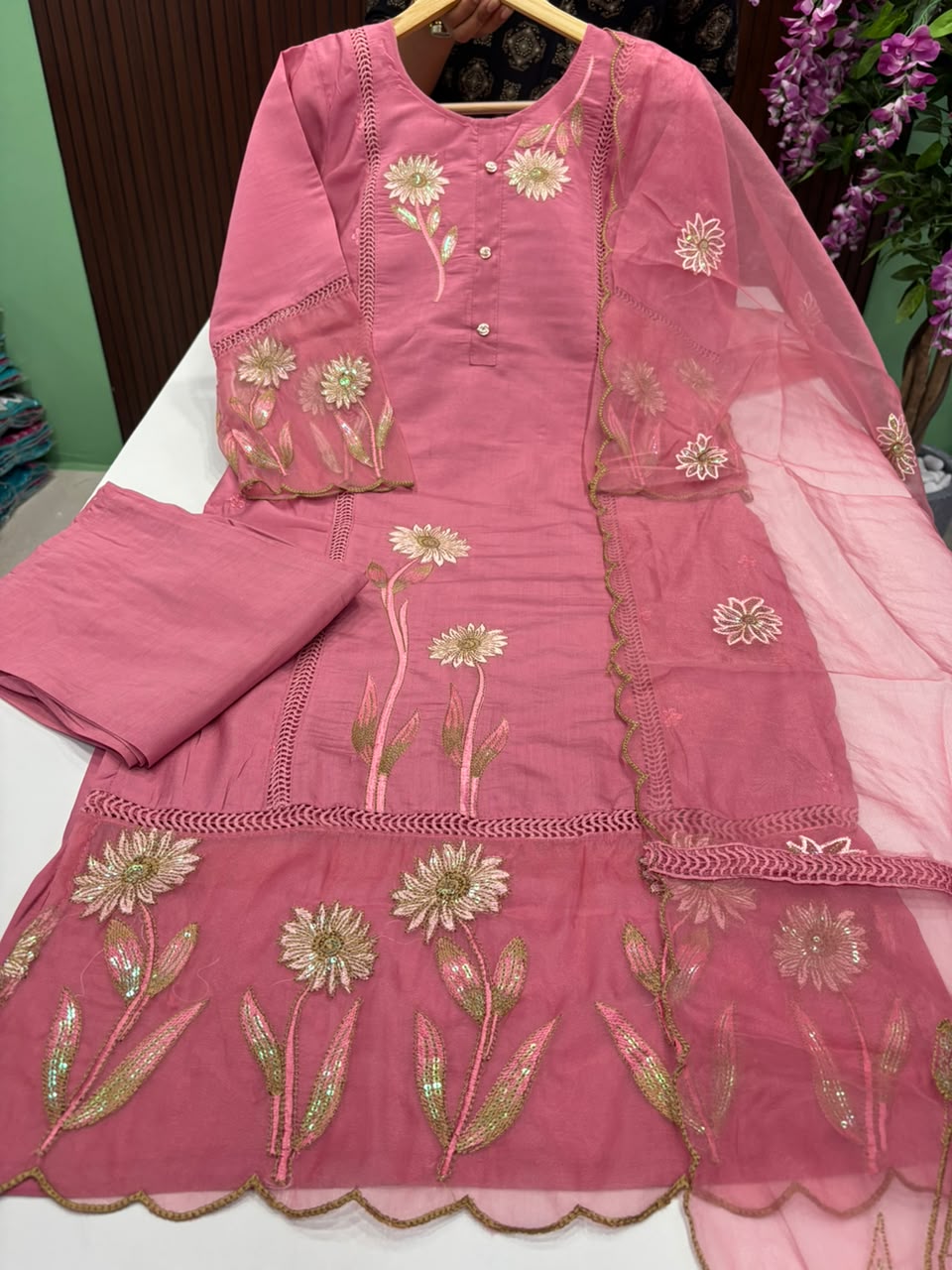 SS8262 Premium Roman Silk Kurti With Pant & Dupatta Set