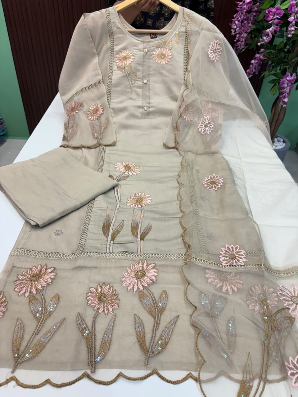 SS8264 Premium Roman Silk Kurti With Pant & Dupatta Set