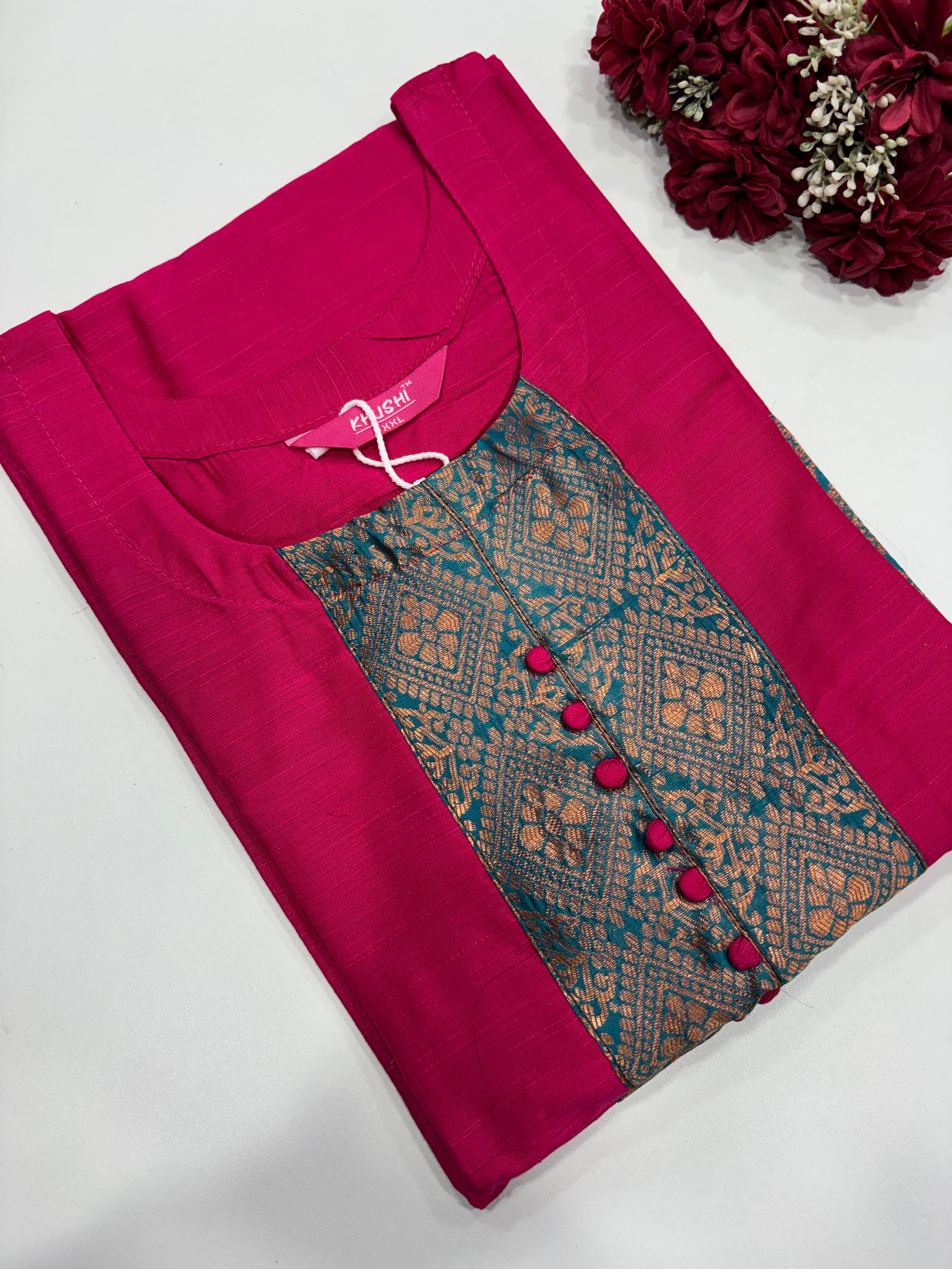 SS2896 Semi Raw Silk Kurti - PINK WITH TEAL BLUE