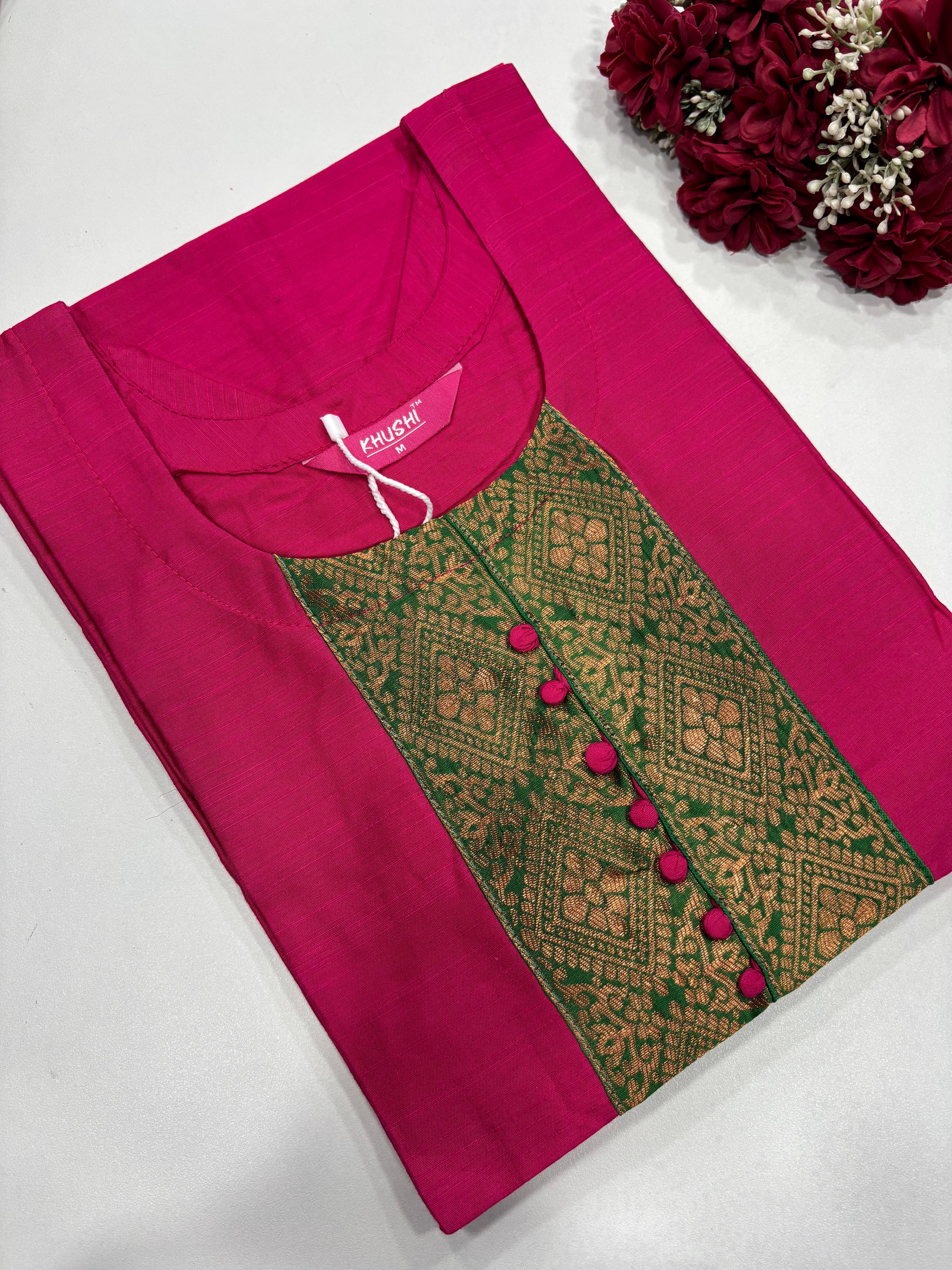 SS2895 Semi Raw Silk Kurti - PINK WITH GREEN