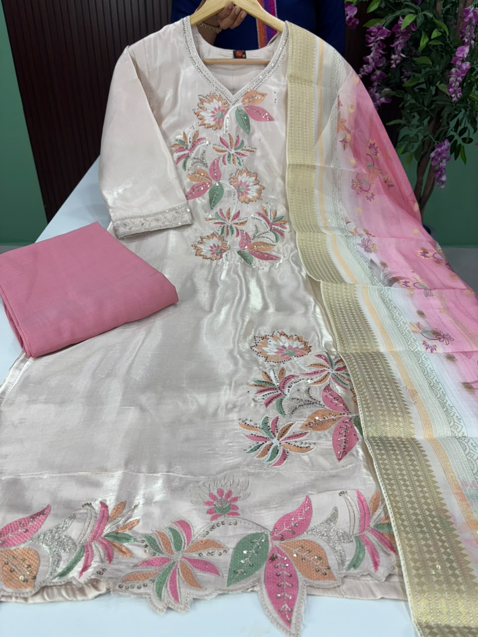 SS8325 Glass Tissue Silk Kurti With Pant & Dupatta Set