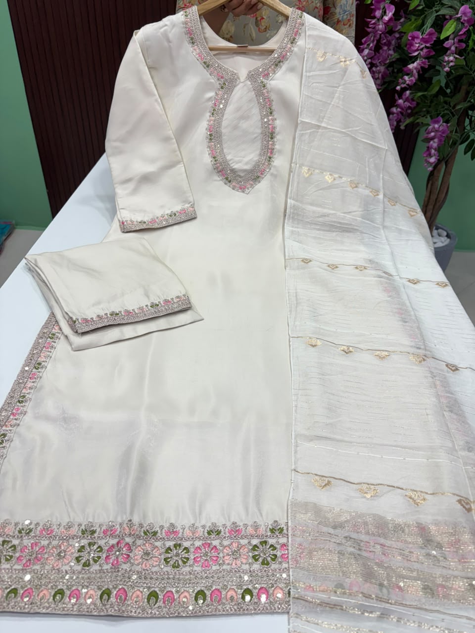 SS8401  Roman Glass Kurti With Pant & Dupatta Set - Cream Colour