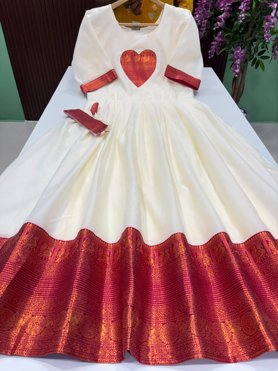 SS8511 Premium Silk Blend Anarkali Gown - OFF WHITE WITH PINK