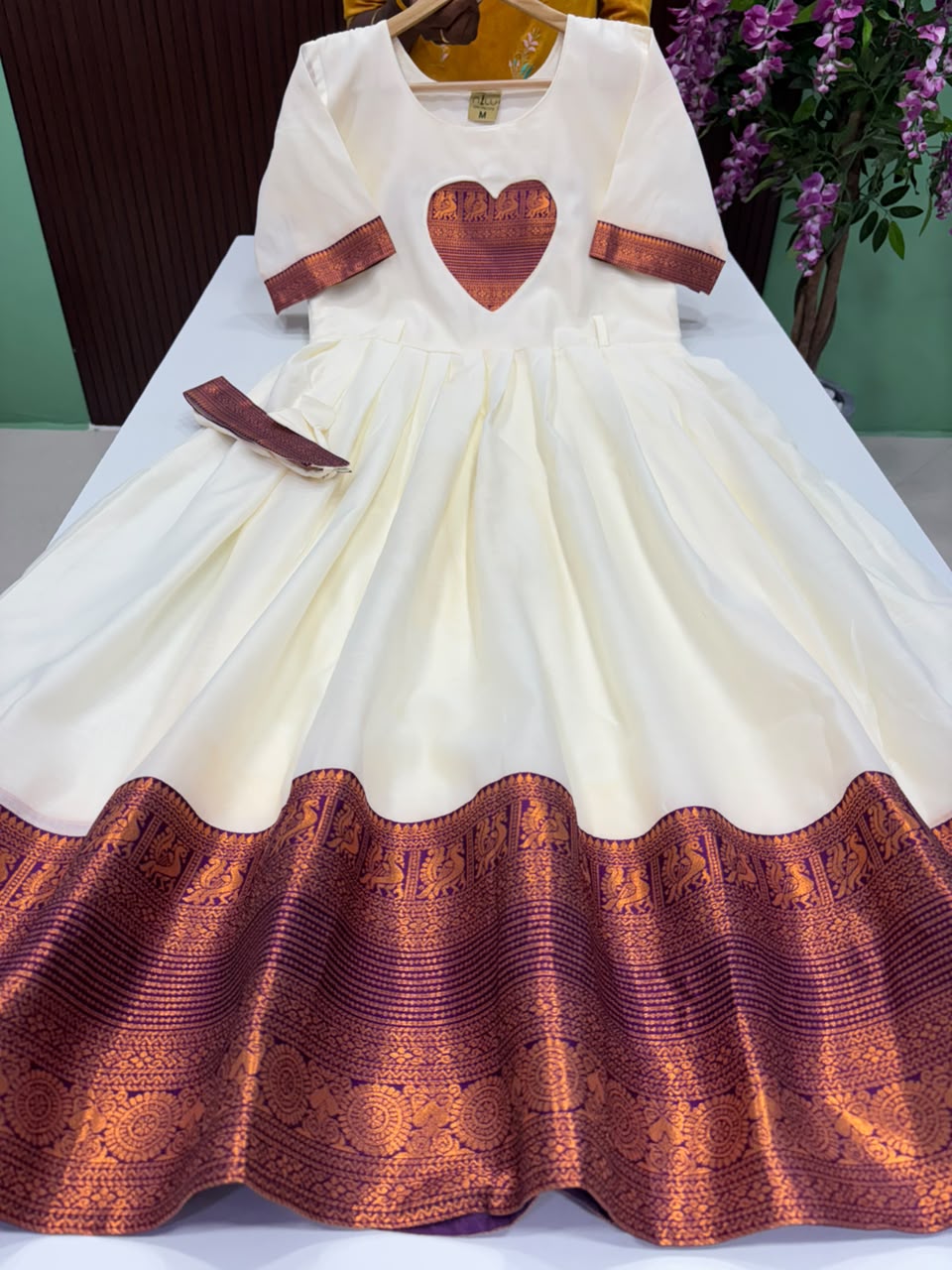 SS8513 Premium Silk Blend Anarkali Gown -OFF WHITE WITH DARK PURPLE