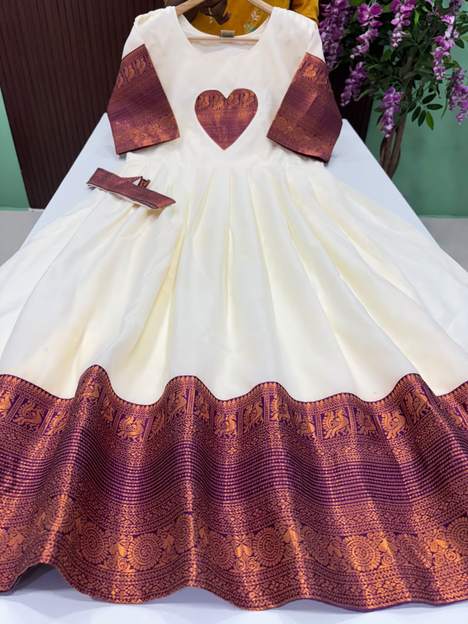 SS8517 Premium Silk Blend Anarkali Gown - OFF WHITE WITH DARK PURPLE
