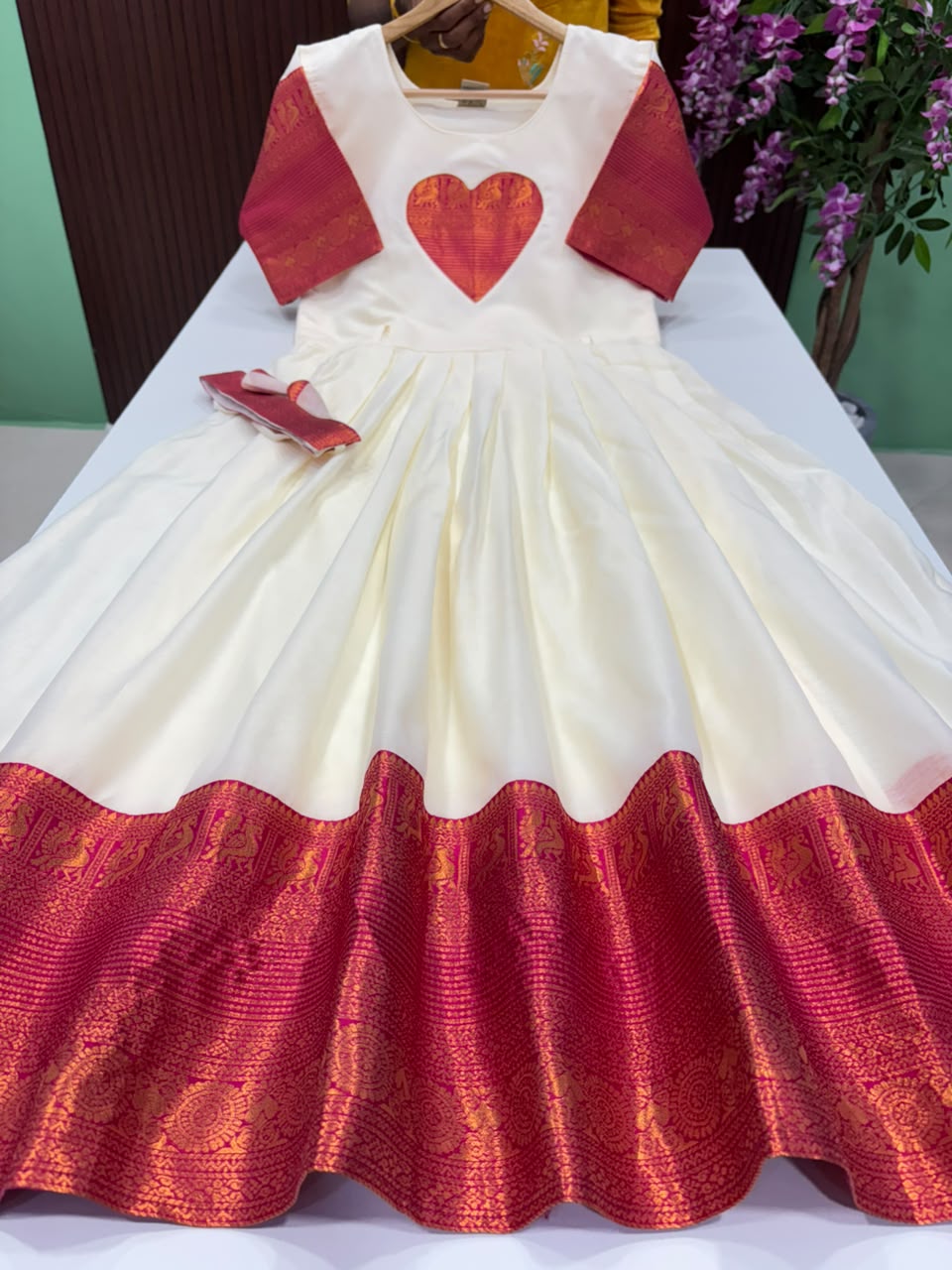 SS8521 Premium Silk Blend Anarkali Gown - OFF WHITE WITH PINK