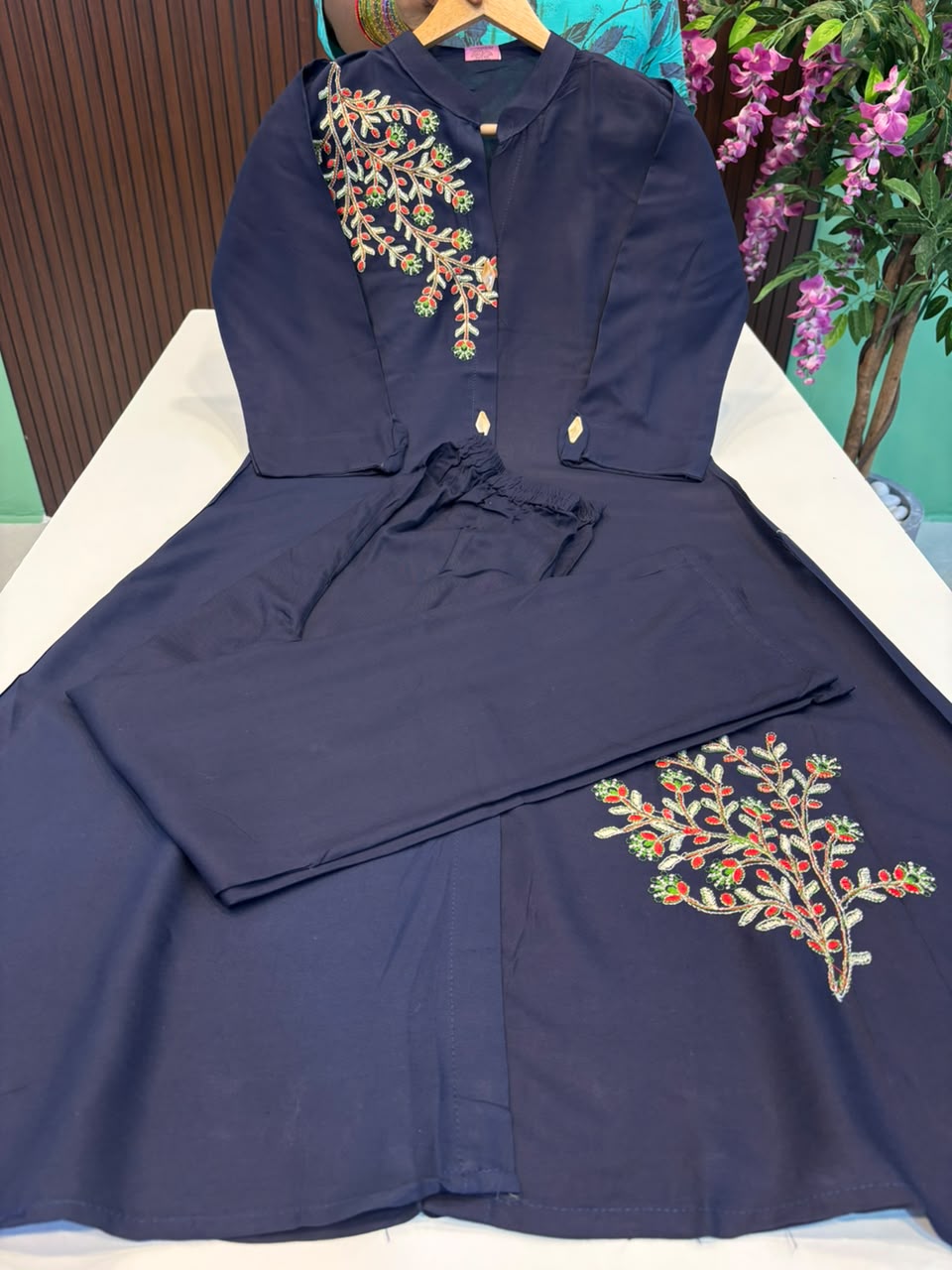 SS8811 Rayon Embroidered Co-ord Set - NAVY BLUE