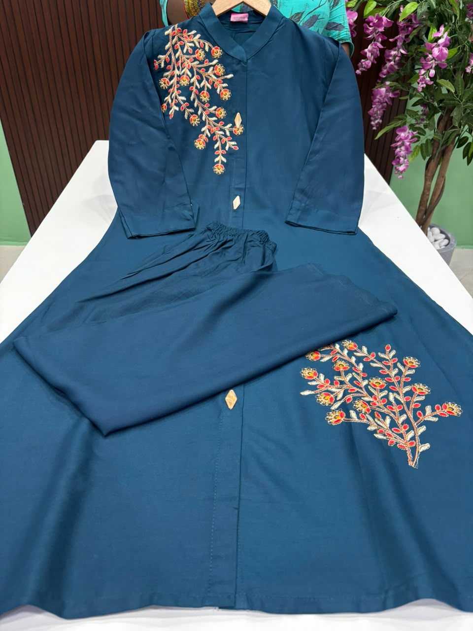 SS8815 Rayon Embroidered Co-ord Set - TEAL BLUE