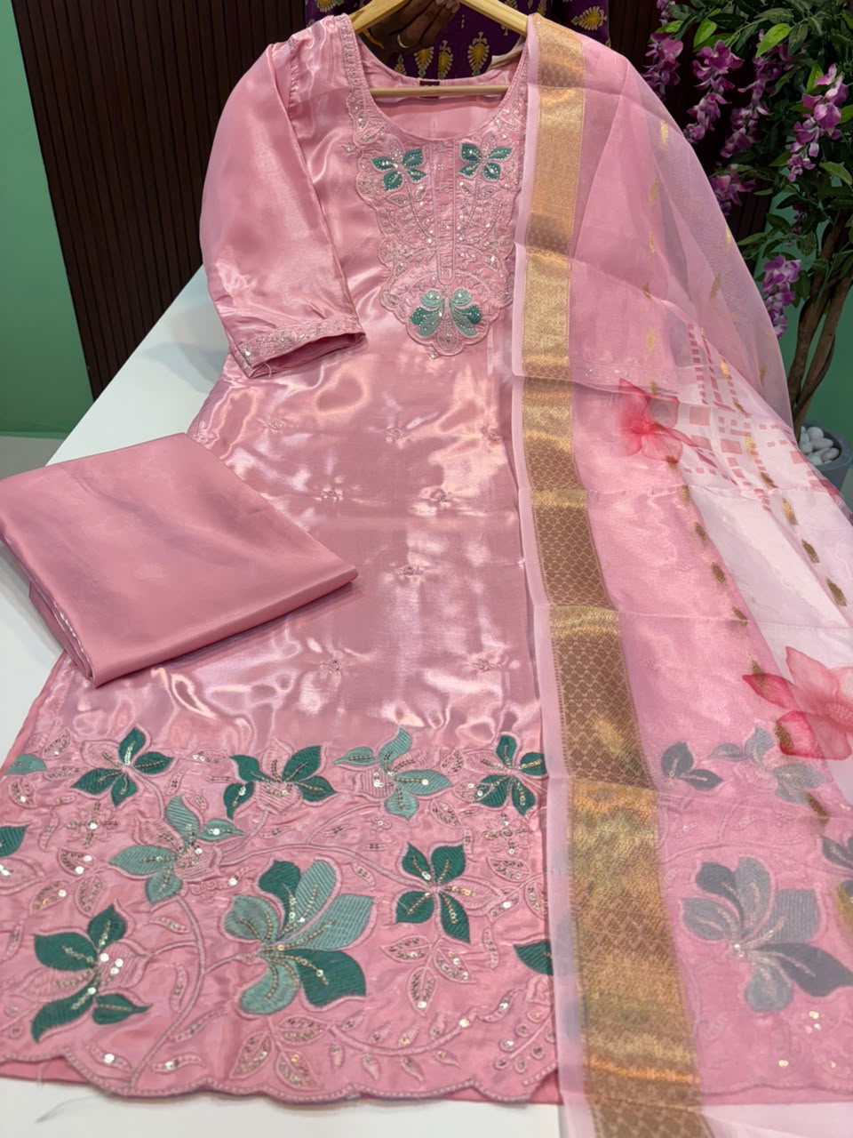 SS8802 Roman Glass Kurti With Pant & Dupatta Set