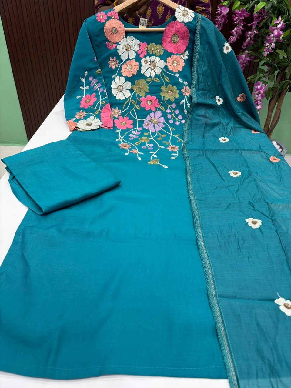 SS8806 Roman Silk Kurti With Pant & Dupatta Set