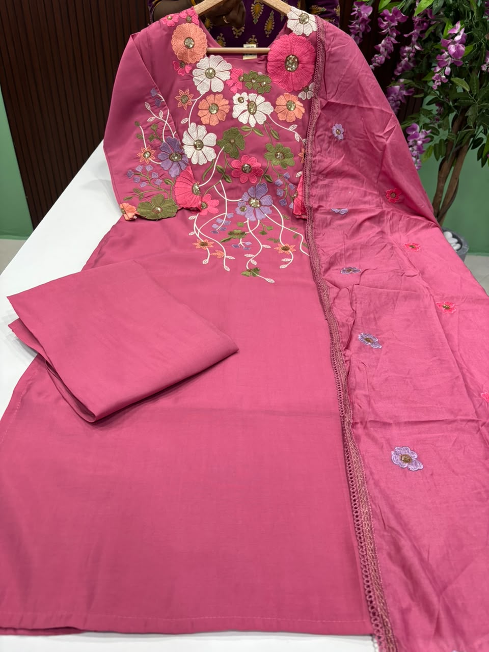 SS8807 Roman Silk Kurti With Pant & Dupatta Set
