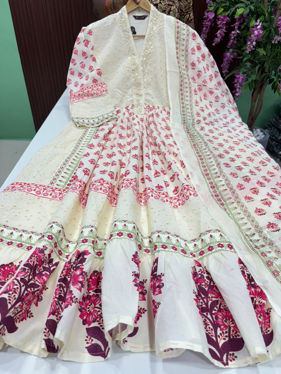 SS8828 Cotton V neck Collar Anarkali with Dupatta Set
