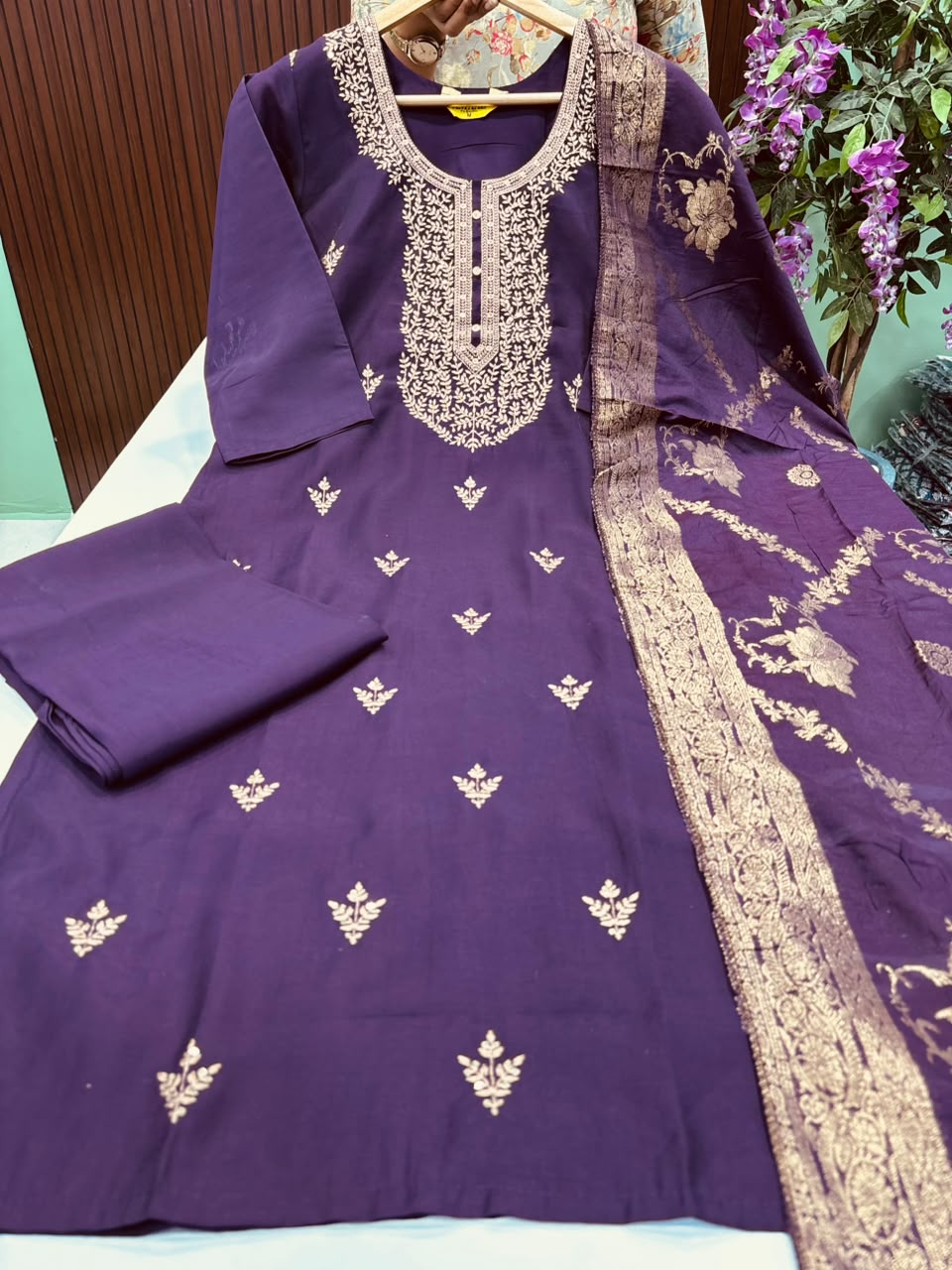 SS8856 Roman Silk Kurti With Pant & Dupatta Set - WINE