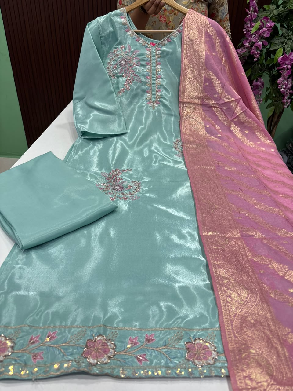 SS8859 Roman Glass Kurti With Pant & Dupatta Set