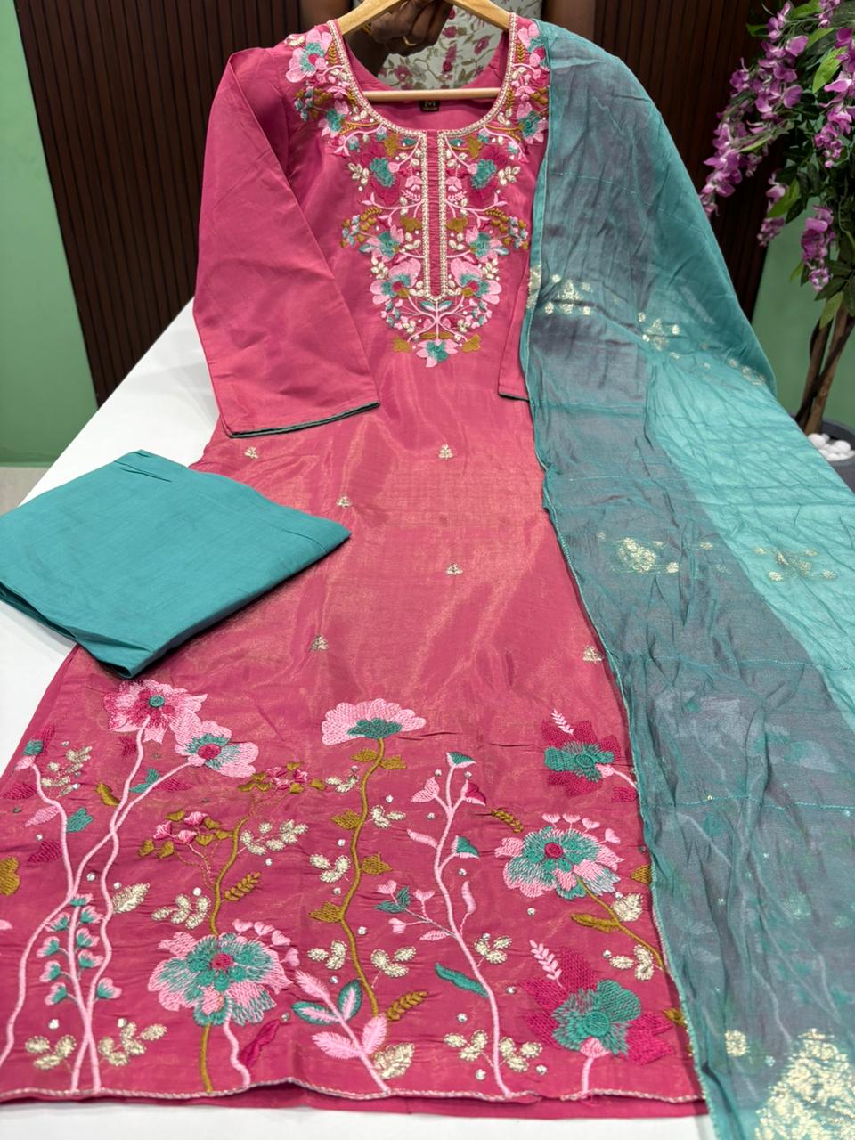 SS8943 Shimmer Tissue Silk Kurti With Pant & Dupatta Set