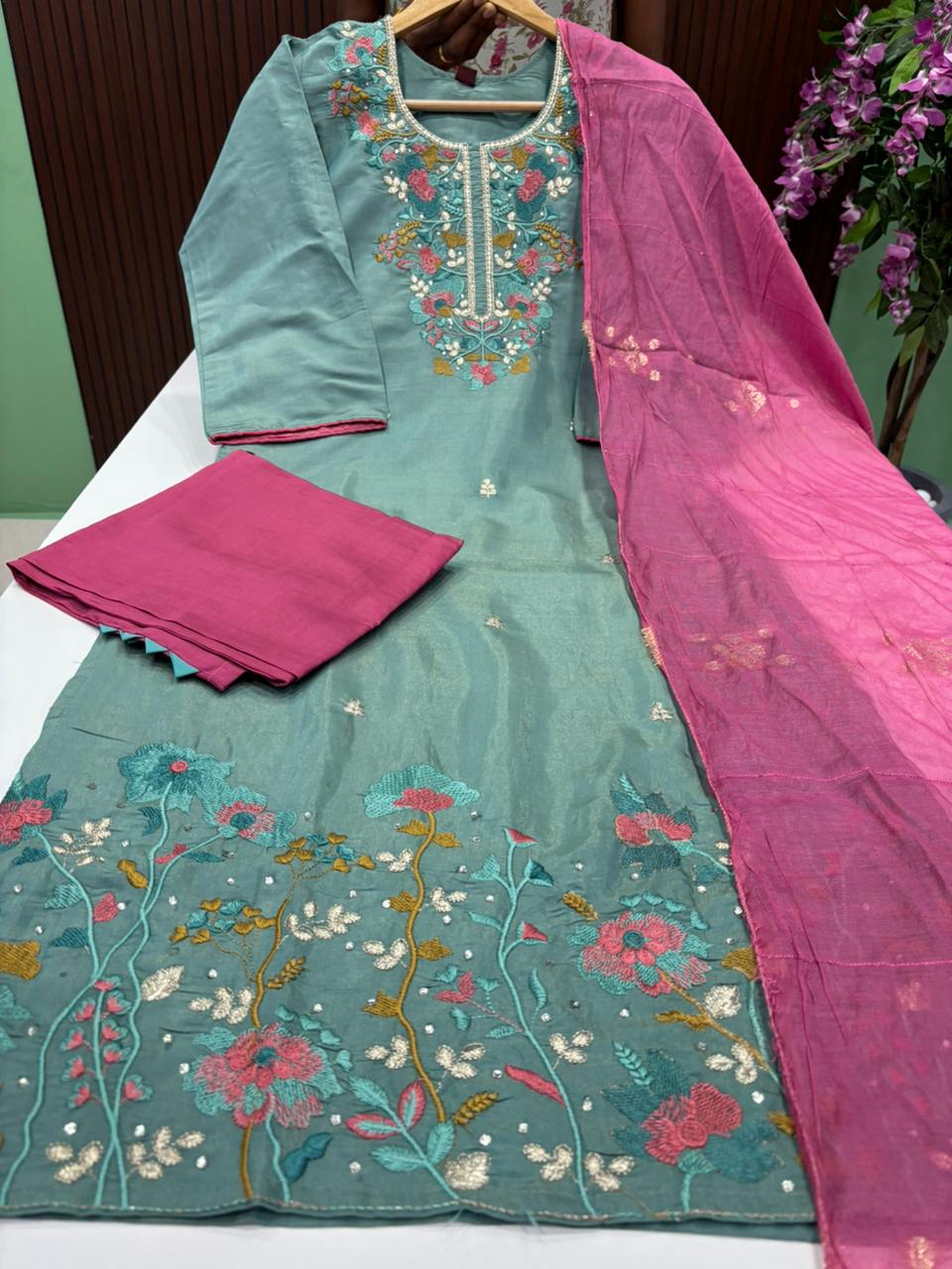 SS8944 Shimmer Tissue Silk Kurti With Pant & Dupatta Set