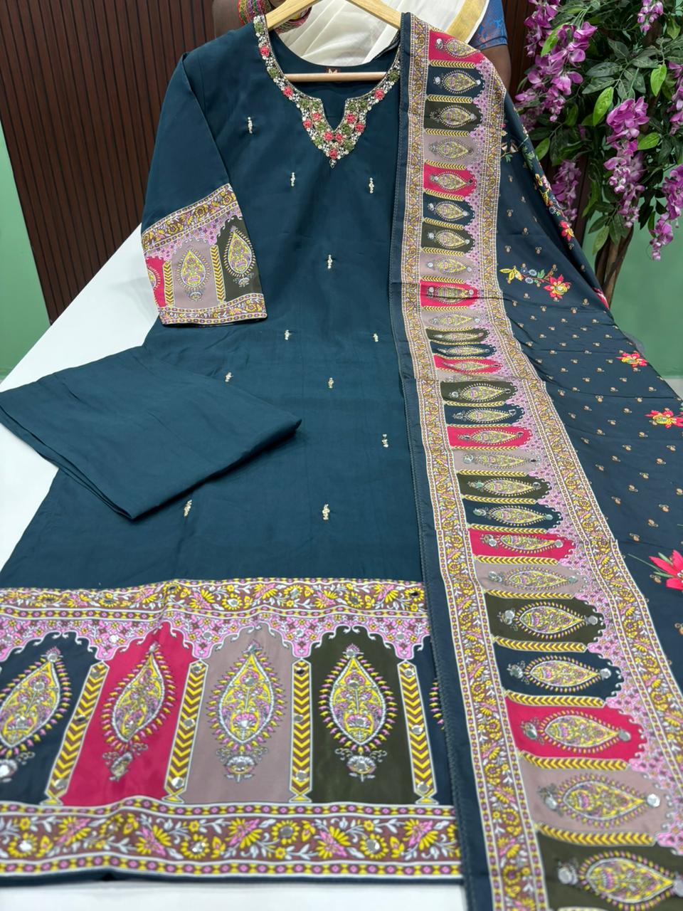 SS8947 Roman Silk Kurti With Pant & Dupatta Set