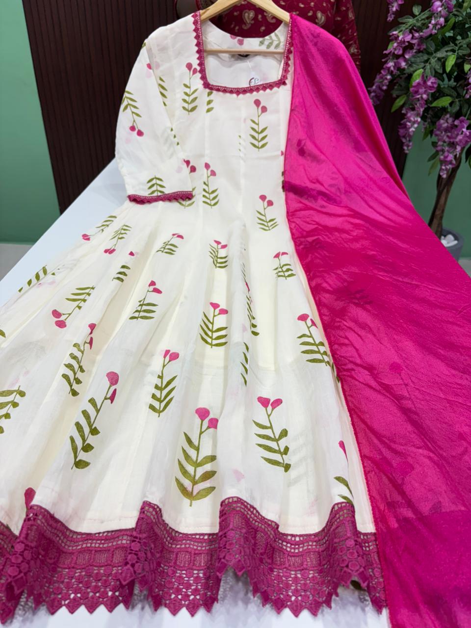 SS9034 Pink Blossom Design Mul Cotton Anarkali With Dupatta Set
