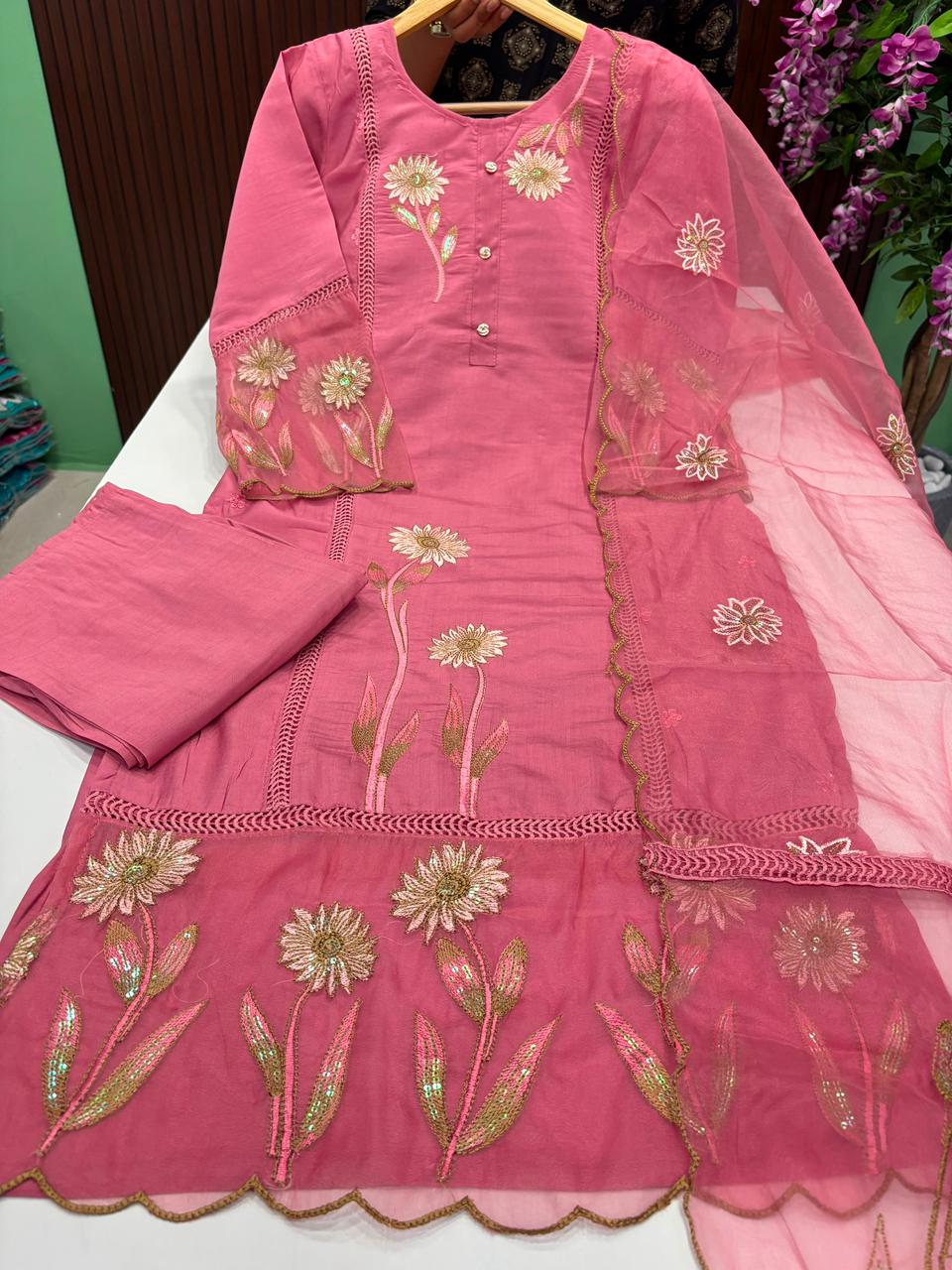 SS9037 Premium Roman Silk Kurti With Pant & Dupatta Set