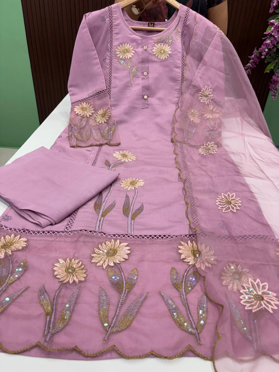 SS9036 Premium Roman Silk Kurti With Pant & Dupatta Set