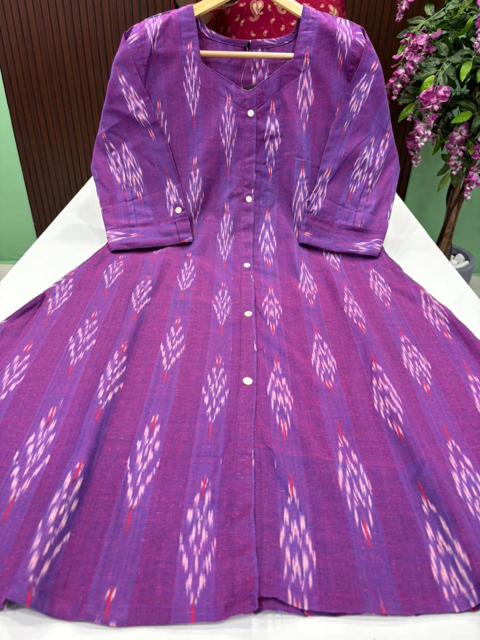 SS9042 Ikkat Printed Cotton A Line Kurti