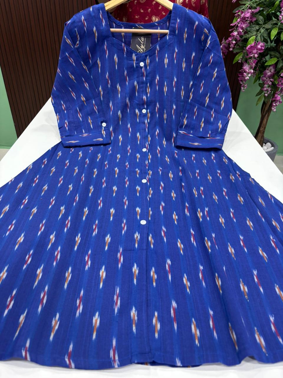 SS9047 Ikkat Printed Cotton A Line Kurti