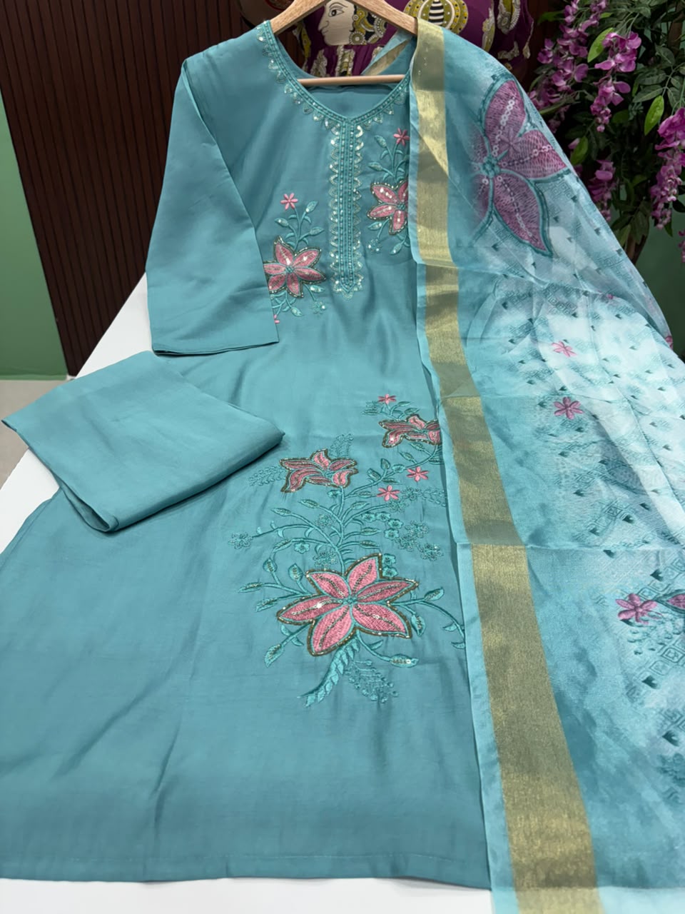 SS9145 Roman Silk Kurti With Pant & Dupatta Set