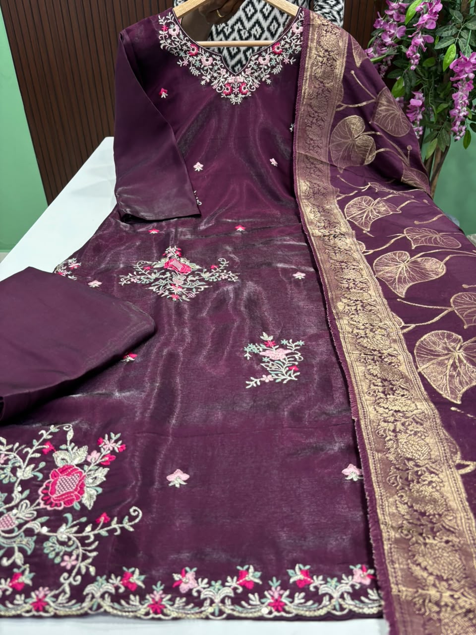 SS9149 Premium Roman Glass Kurti With Pant & Dupatta Set