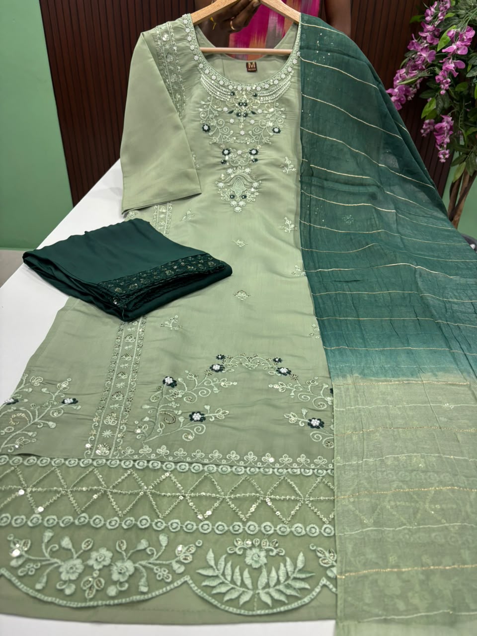 SS9195 Roman Silk Kurti With Pant & Dupatta Set