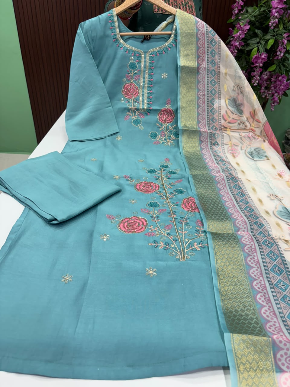 SS9295 Roman Silk &nbsp;Kurti With Pant & Dupatta Set