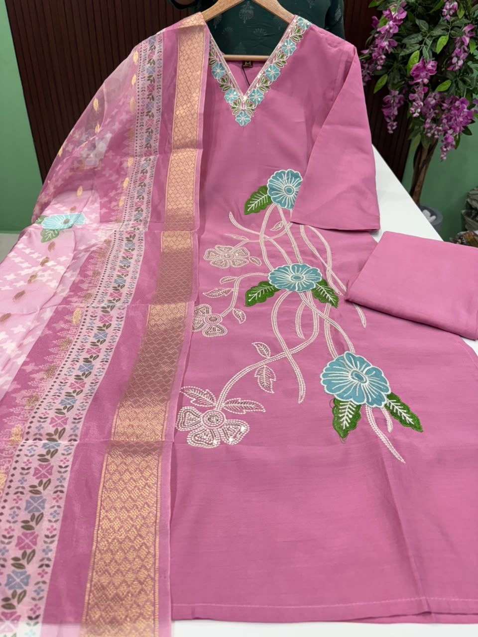 SS9296 Roman Silk Kurti With Pant & Dupatta Set