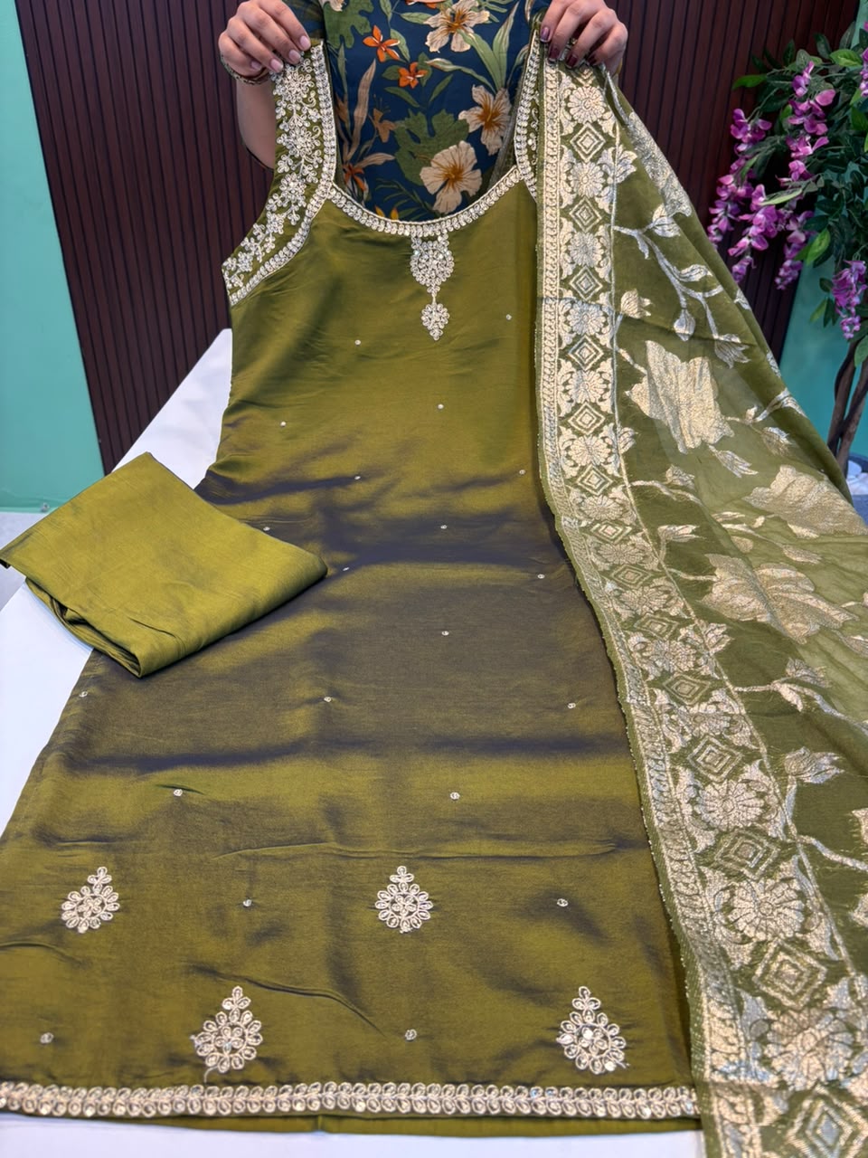 SS9349 Taffeta Silk Kurti With Pant & Dupatta Set