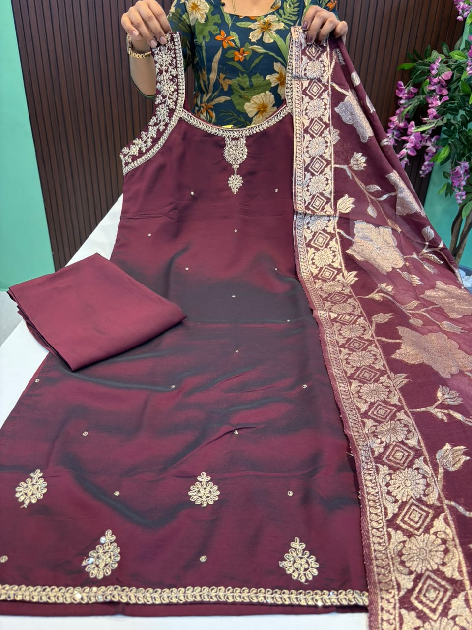 SS9348 Taffeta Silk Kurti With Pant & Dupatta Set