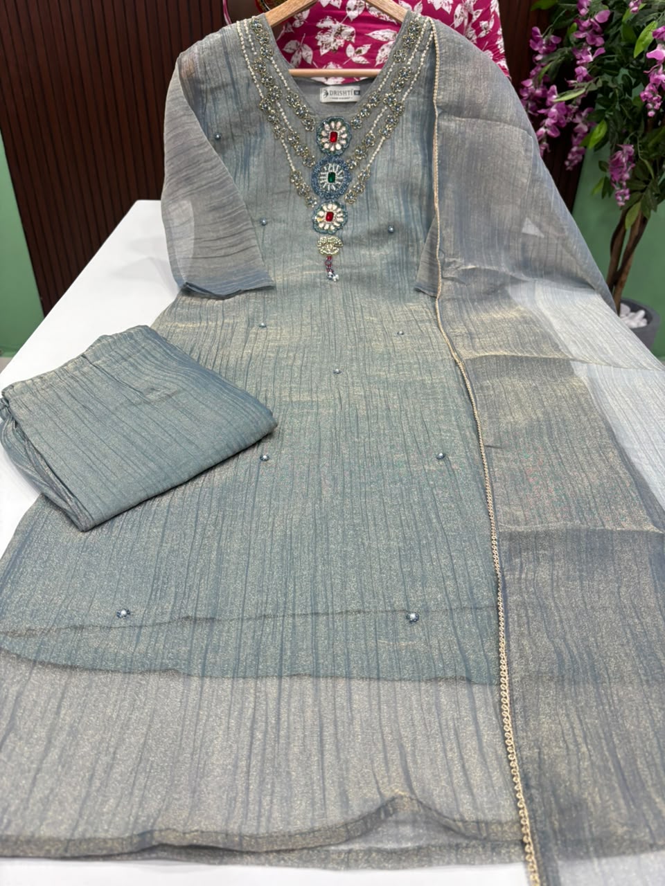 SS9350 Premium Crushed Tissue Silk Kurti With Pant & Dupatta Set
