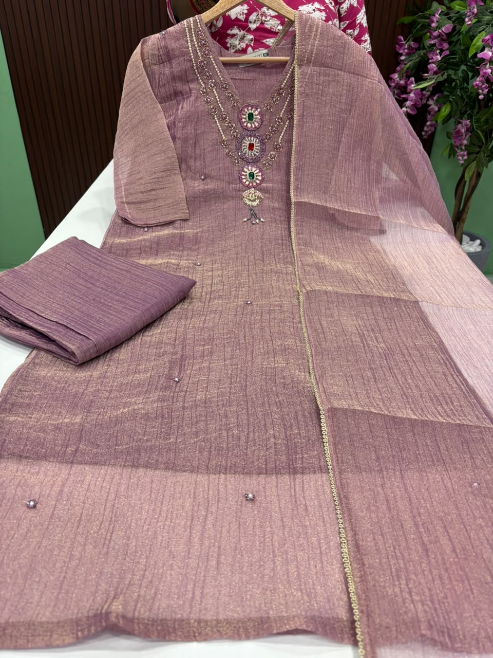 SS9351 Premium Crushed Tissue Silk Kurti With Pant & Dupatta Set