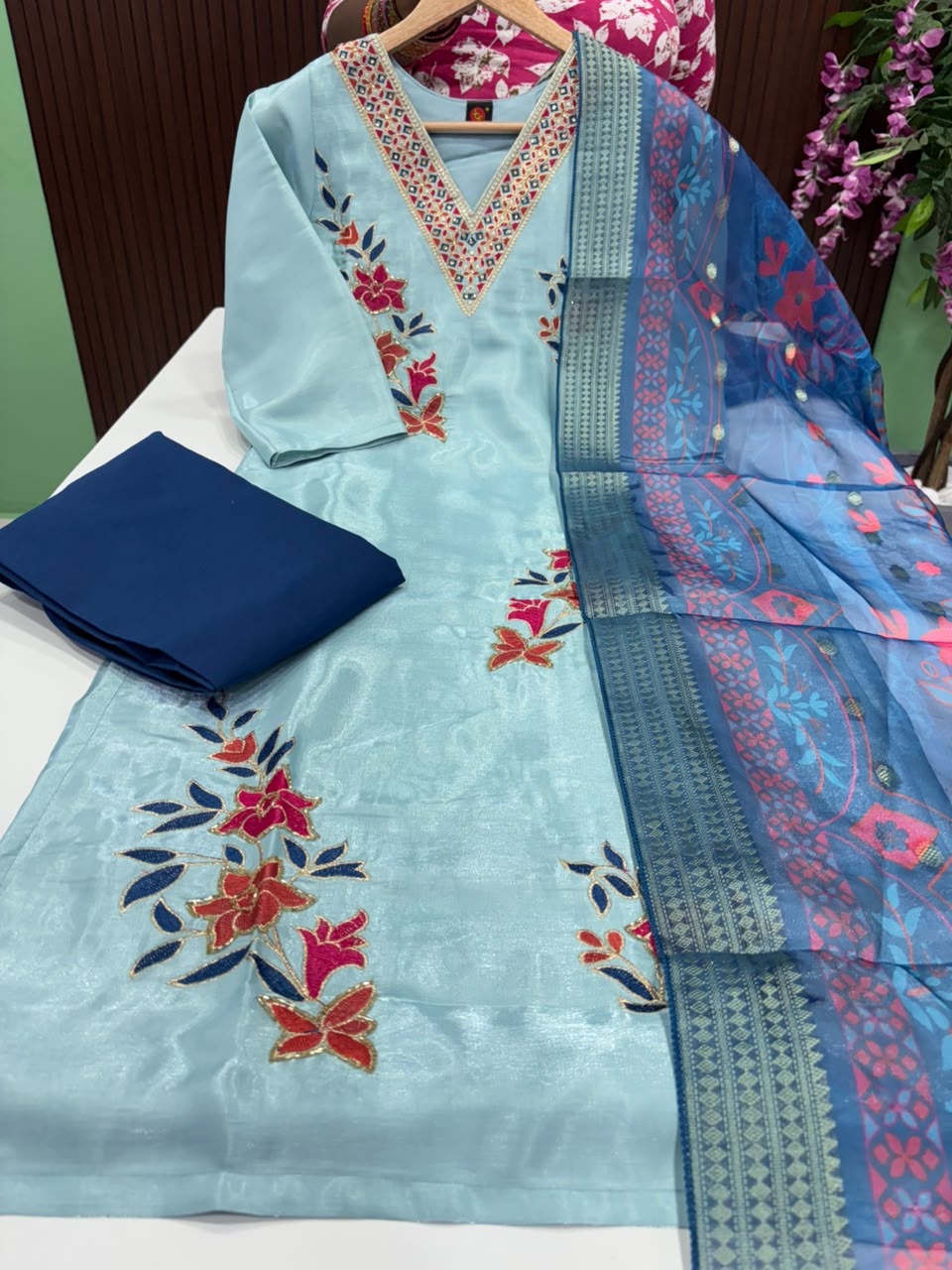 SS9354 Roman Glass Kurti With Pant & Dupatta Set