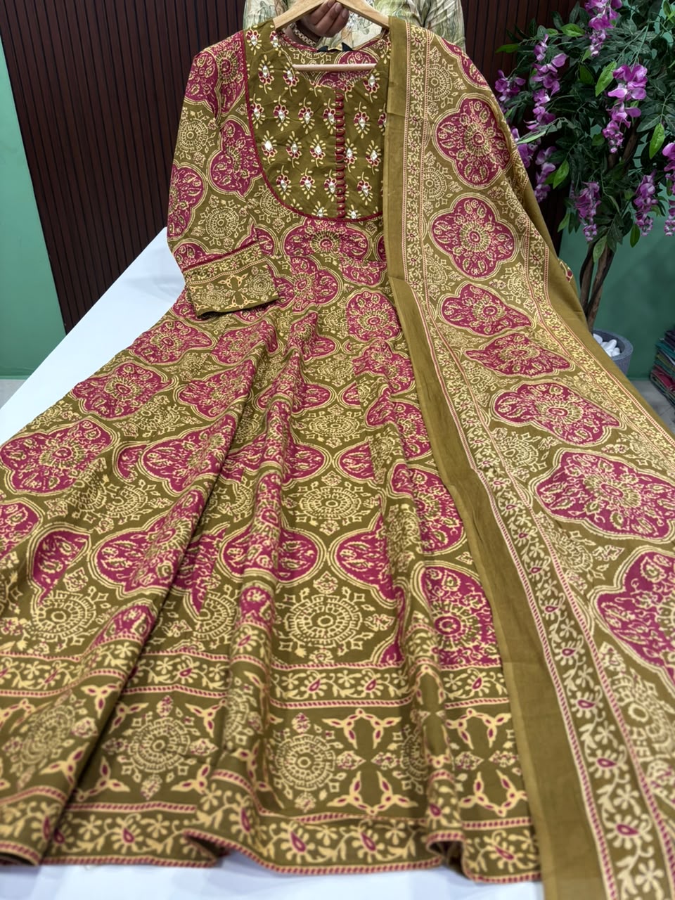 SS9391 Ajrak Printed Cotton Anarkali with Dupatta Set