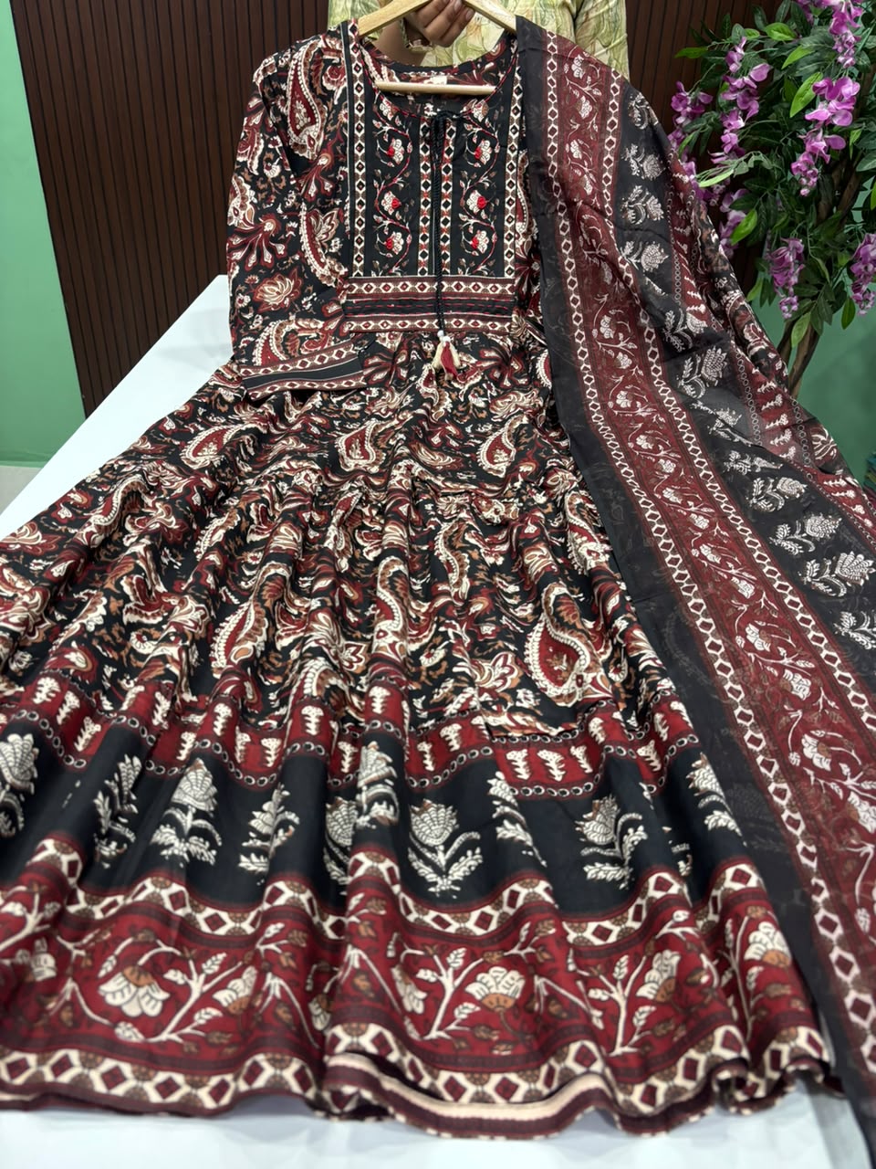 SS9395 kalamkari Printed Cotton Anarkali with Dupatta Set