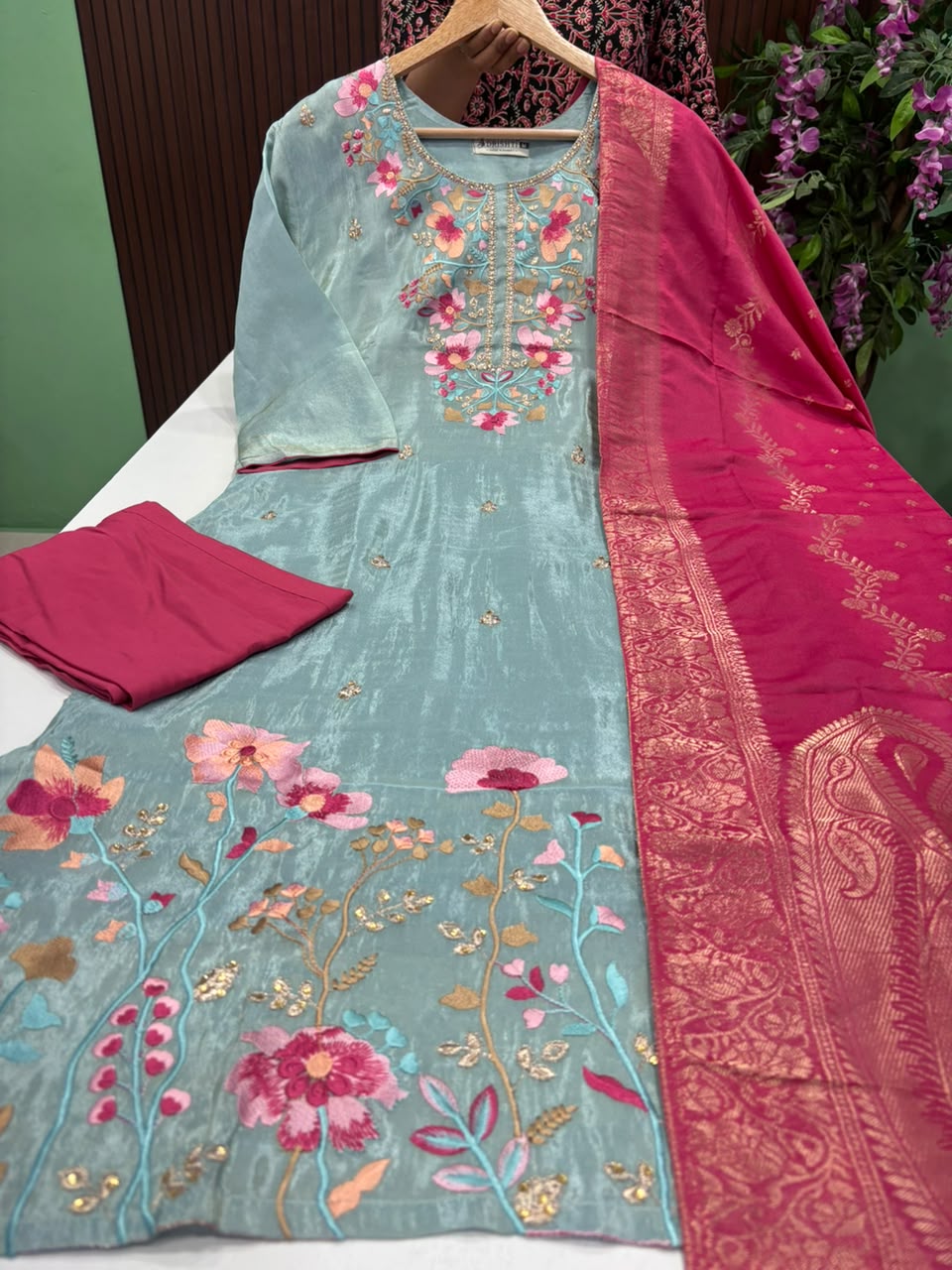 SS9486 Premium Tissue Silk Kurti With Pant & Dupatta Set