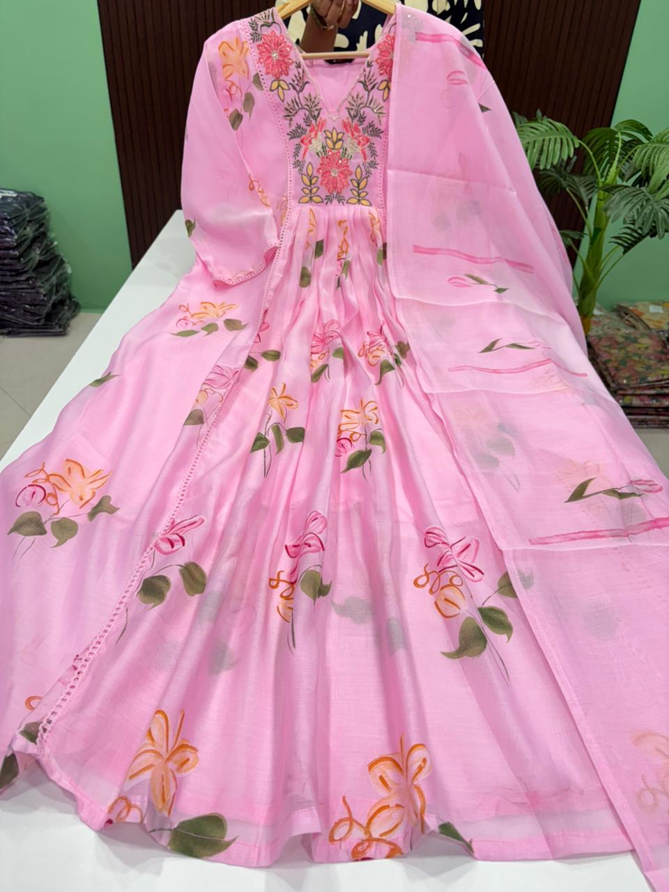 SS9491 Premium Mul Chanderi Anarkali With Dupatta Set