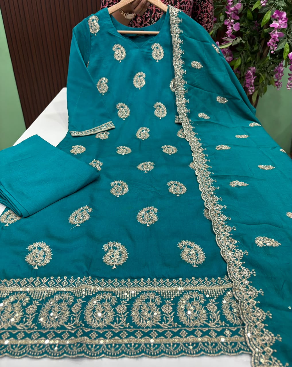 SS9483 Premium Vichitra Silk Kurti With Pant & Dupatta Set