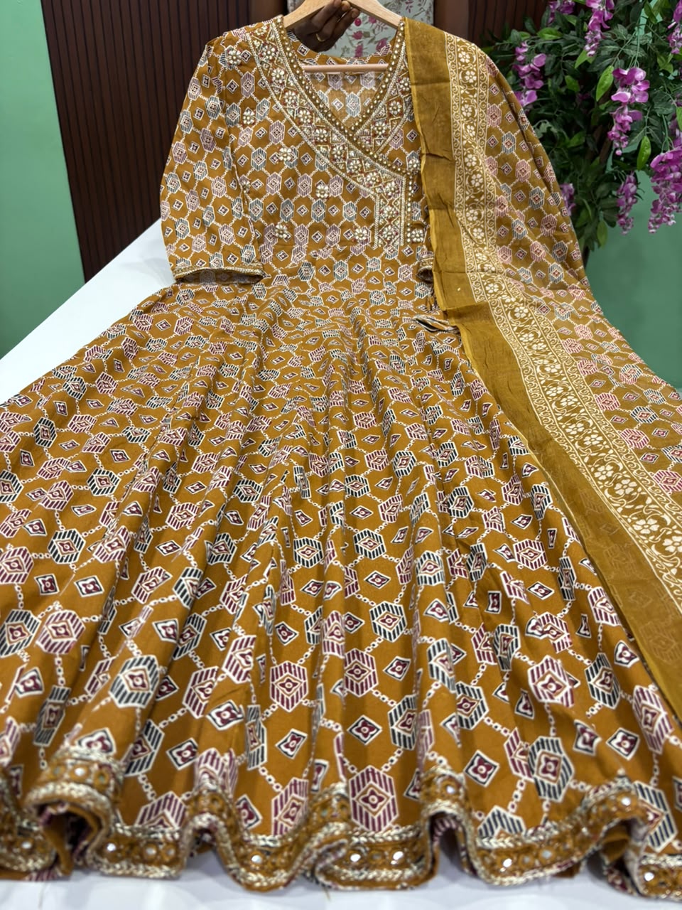 SS9577 Angrakha Style Cotton Anarkali with Dupatta Set
