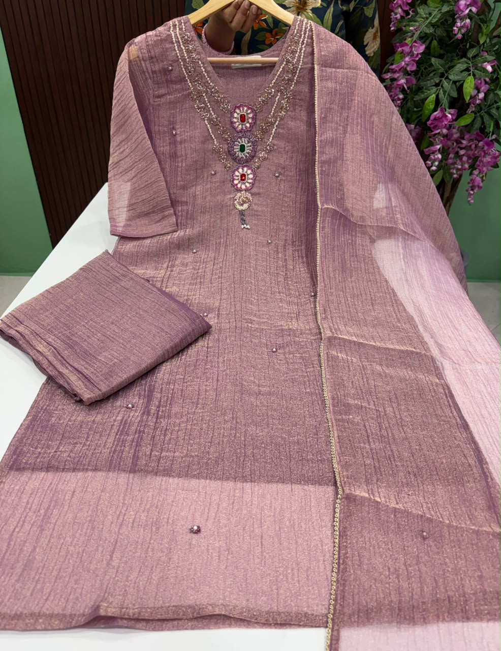 SS9851 Premium Crushed Tissue Silk Kurti With Pant & Dupatta Set